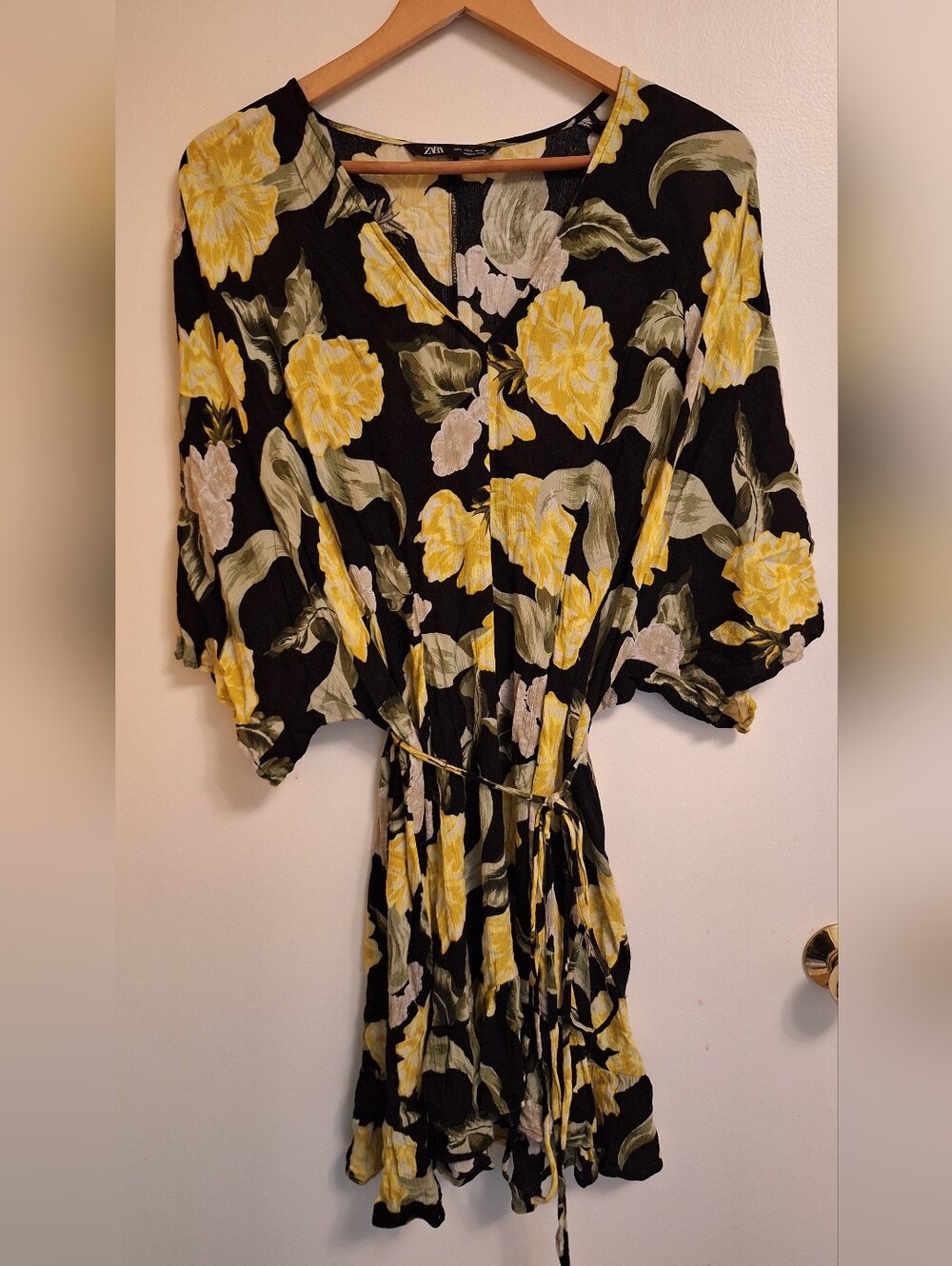Zara Floral Mini Dress L Black Yellow Wrap Style Tie Waist Boho Cottagecore
